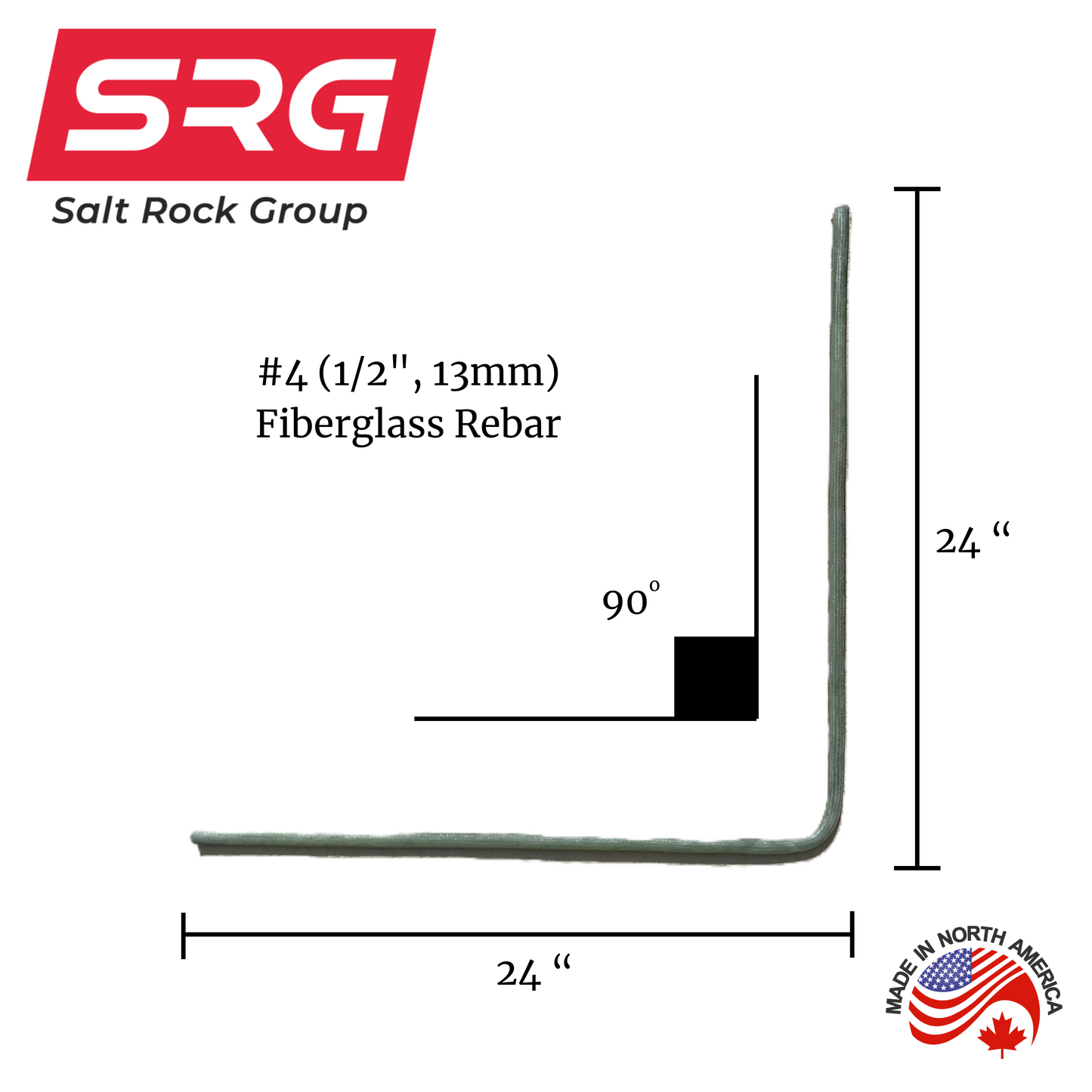 4 Pieces - #4 (1/2",13mm)90 Degree Corner Bar 24" x 24" - SRG - Salt Rock Group Fiberglass Rebar