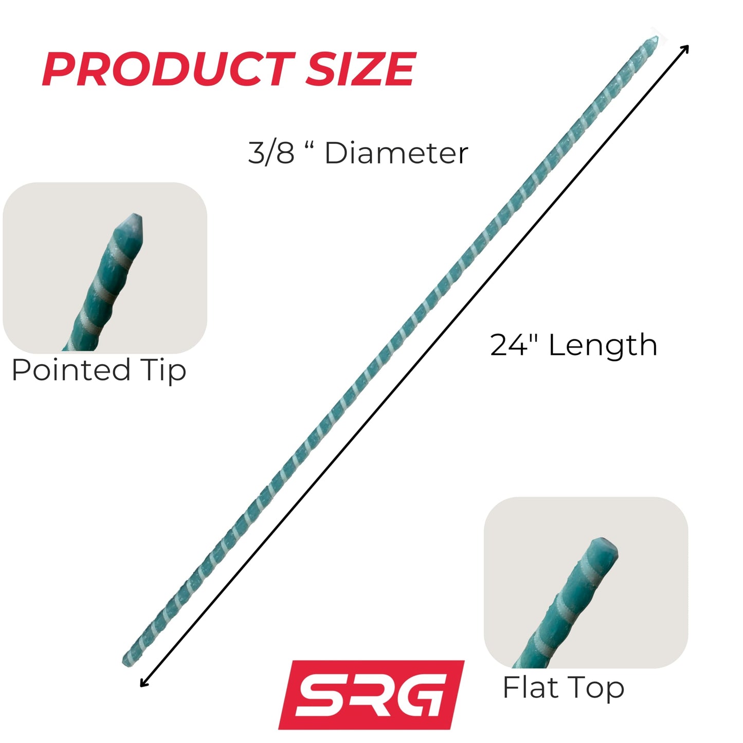 24” inch 3/8" Fiberglass Rebar Ground Stakes (20 pcs) Heavy Duty Never Rust Rebar Stakes for Concrete, Timber, Garden, Plant, Tents. Long Straight Stakes 3/8" Thick Ground Anchors with Pointed End.