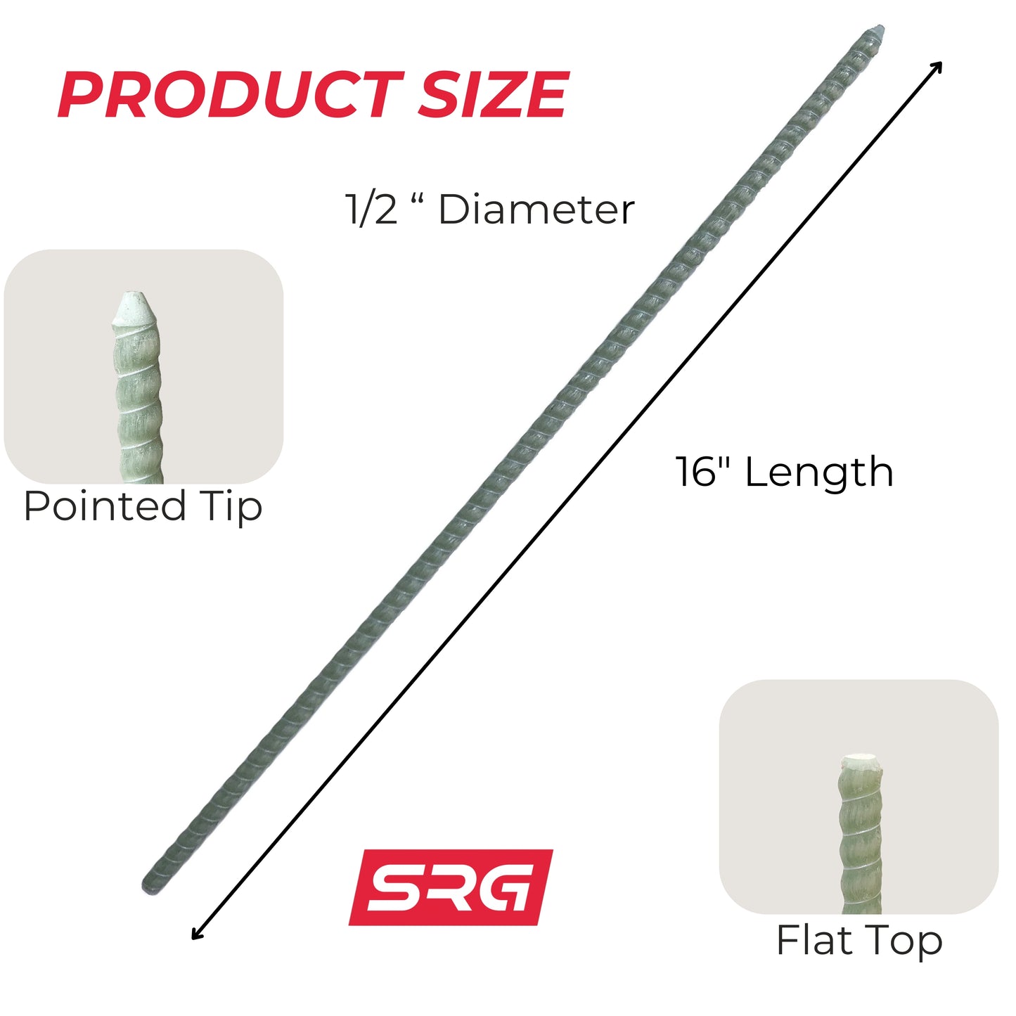 16” inch 1/2" Fiberglass Rebar Ground Stakes (20 pcs) Heavy Duty Never Rust Rebar Stakes for Concrete, Timber, Garden, Plant, Tent. Long Straight Stakes 1/2" Thickness Ground Anchors with Pointed End.